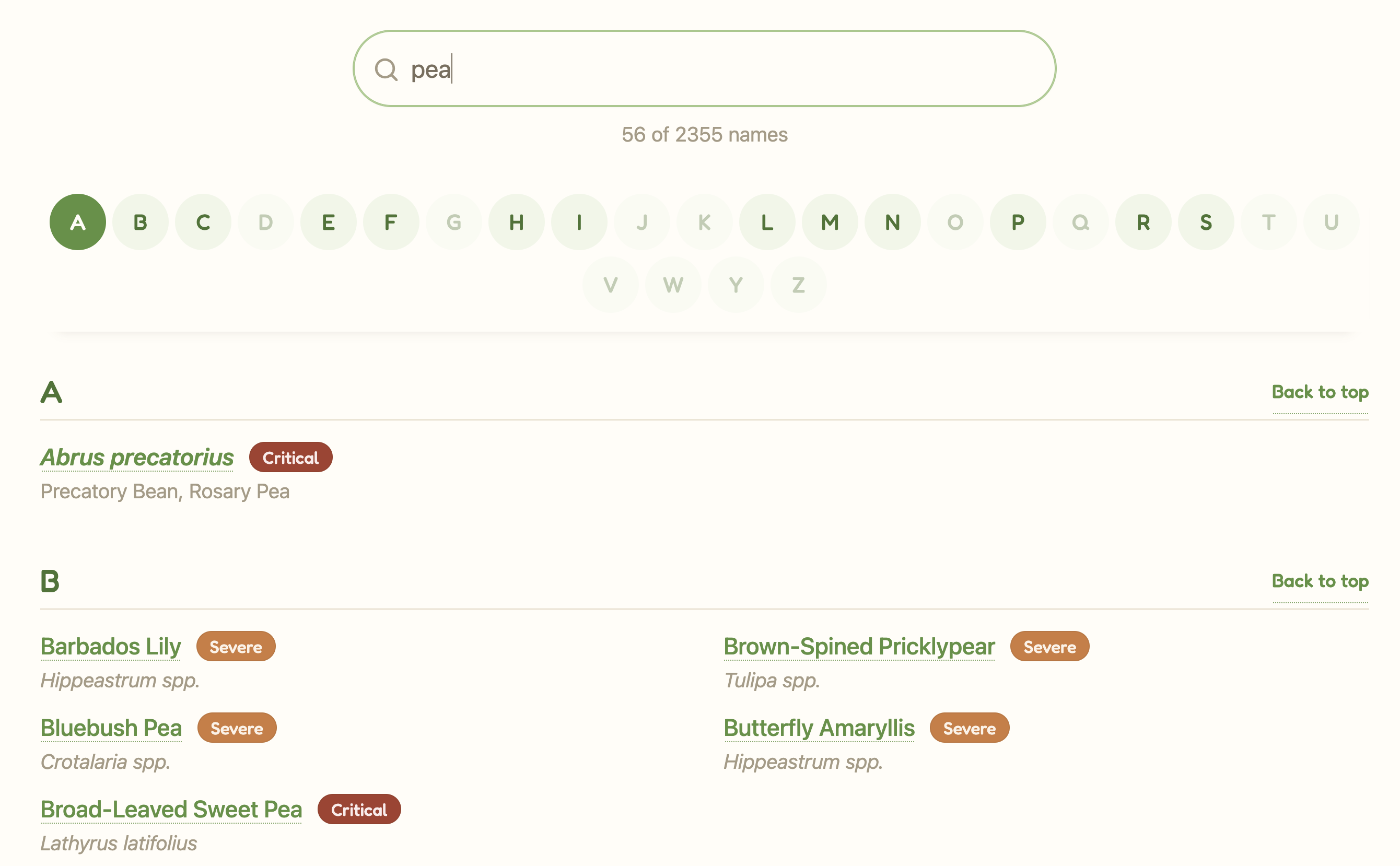 The field guide showing a partial filter match for "pea".