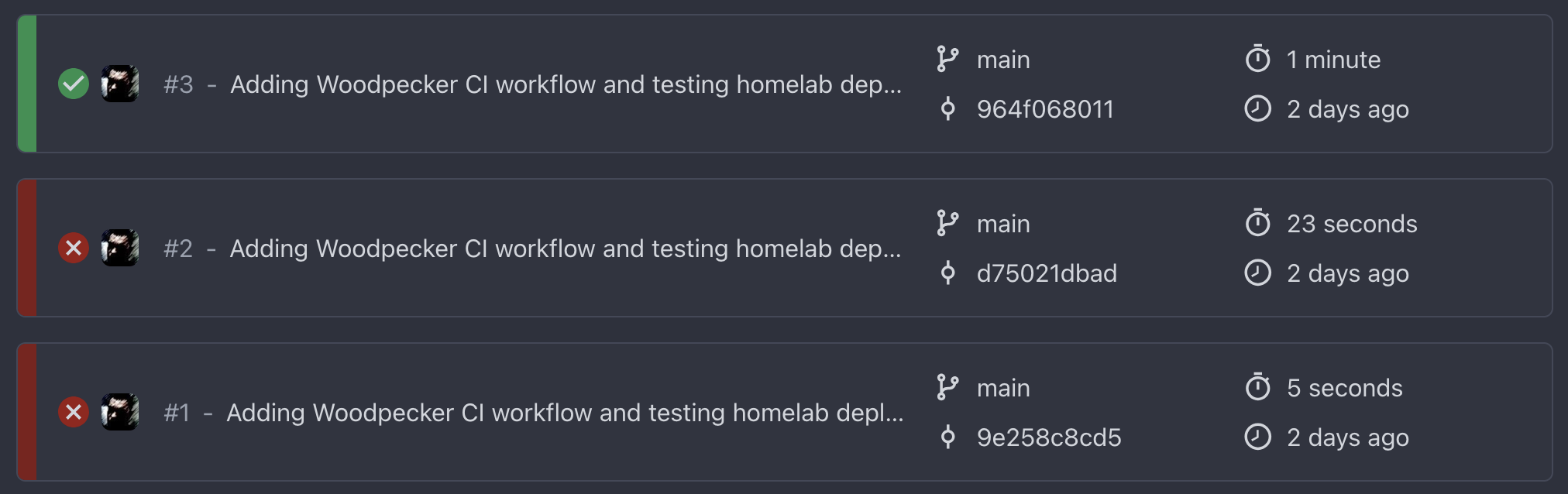 A Woodpecker Server build history screenshot showing the first 3 attempts.