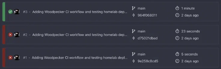 A Woodpecker Server build history screenshot showing the first 3 attempts.