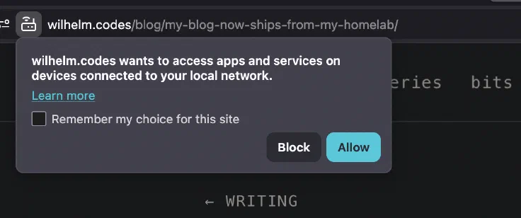 The Firefox popup for Local Network Access.